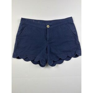 Lilly Pulitzer Buttercup Shorts Navy Blue Seersucker Scalloped Hem Womens Size 2